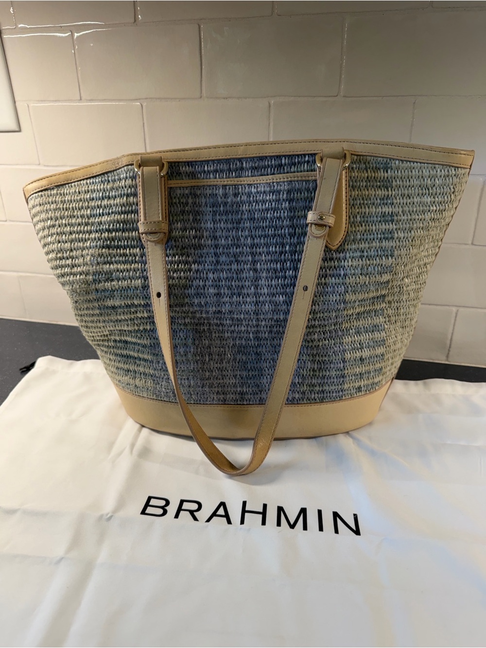 Brahmin Med Bowie Zip-top Blue-GreenWoven Tote with Tan Leather Trim - Picture 12 of 13